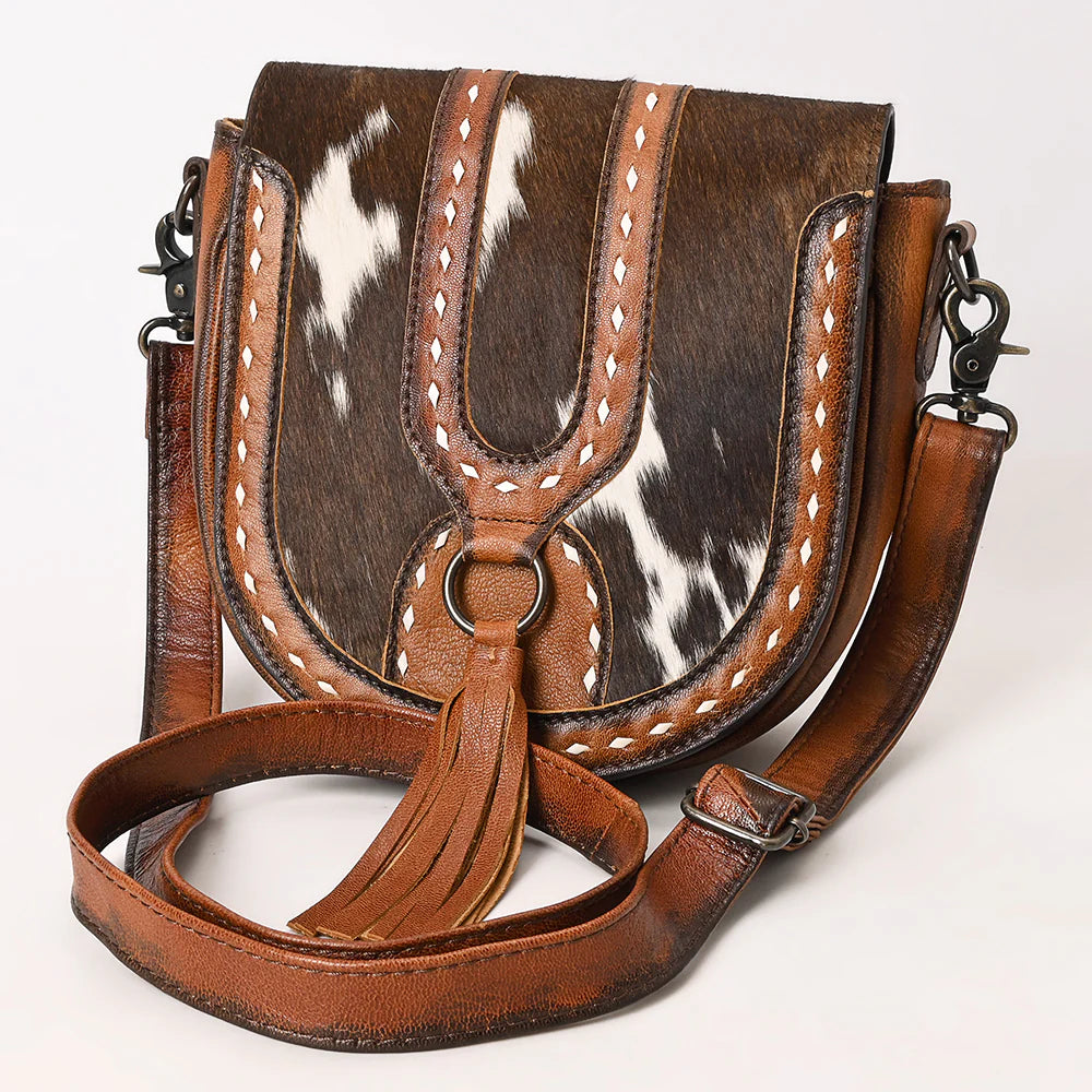 Hair-On Cowhide Saddle Crossbody Bag with Leather Tassel & Western Stitching