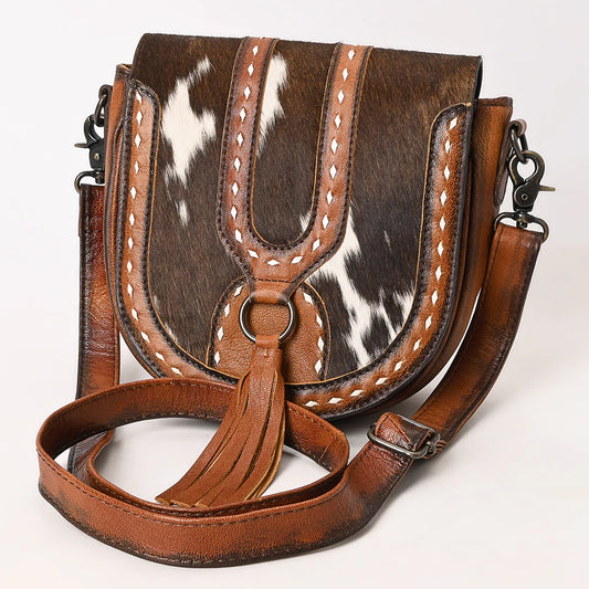 Hair-On Cowhide Saddle Crossbody Bag with Leather Tassel & Western Stitching