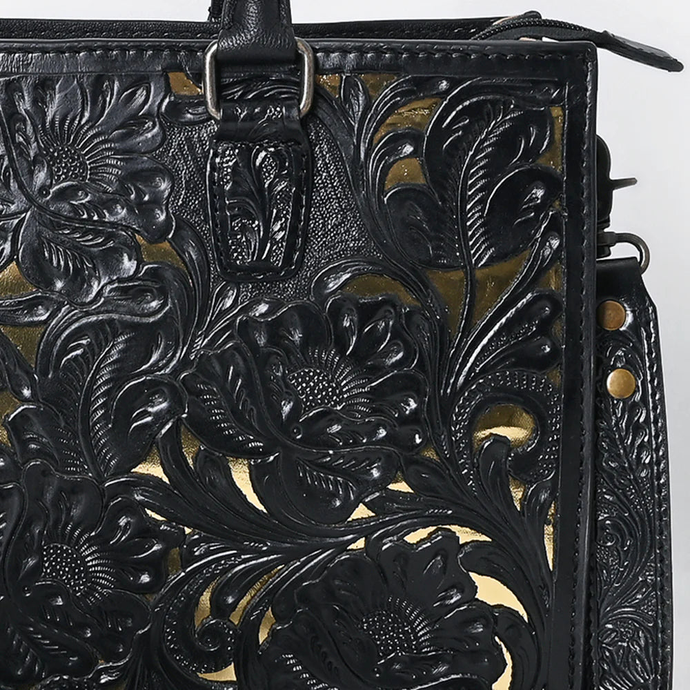 Black & Gold Hand-Tooled Leather Tote Bag - Western Floral Design