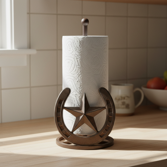 Star and Horseshoe Paper Towel Holder, Western Cast Iron, 12.1"
