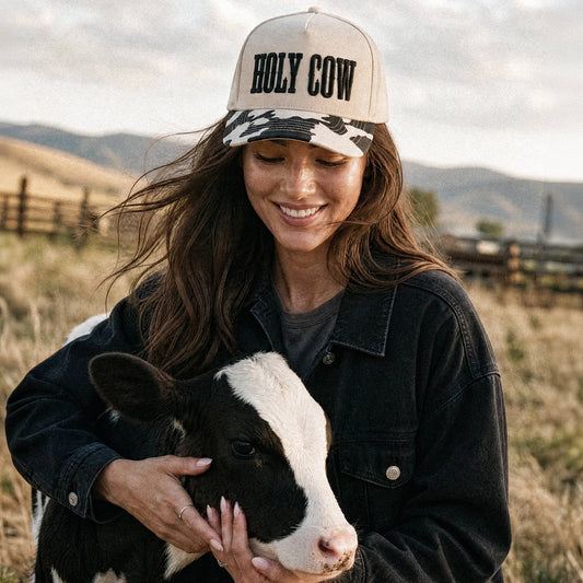 HOLY COW Letter Embroidered Two Tone Trucker Hat