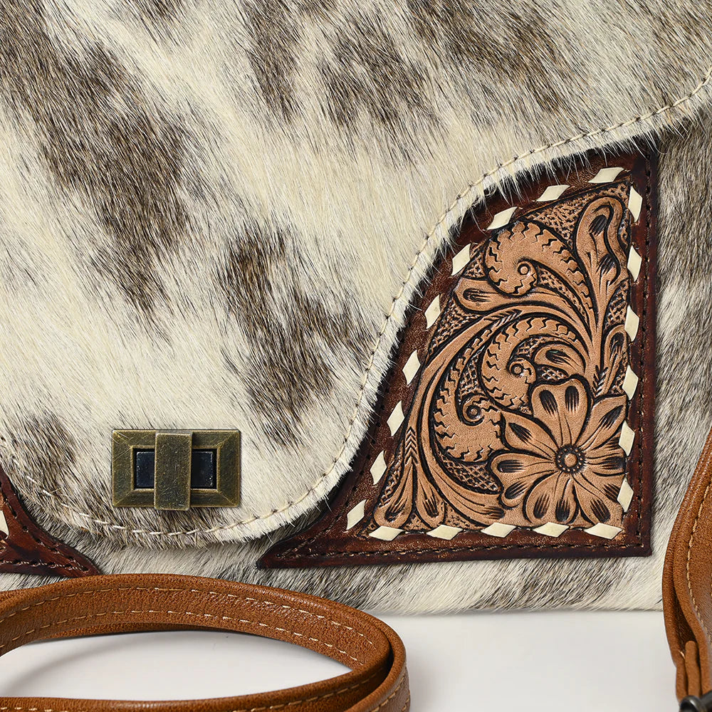 Hair-On Cowhide & Hand Tooled Leather Crossbody Clutch - Western Turn-Lock Flap