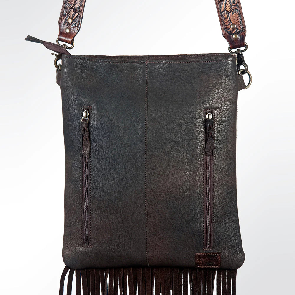 Speckled Cowhide Crossbody Bag with Tooled Yoke & Fringe