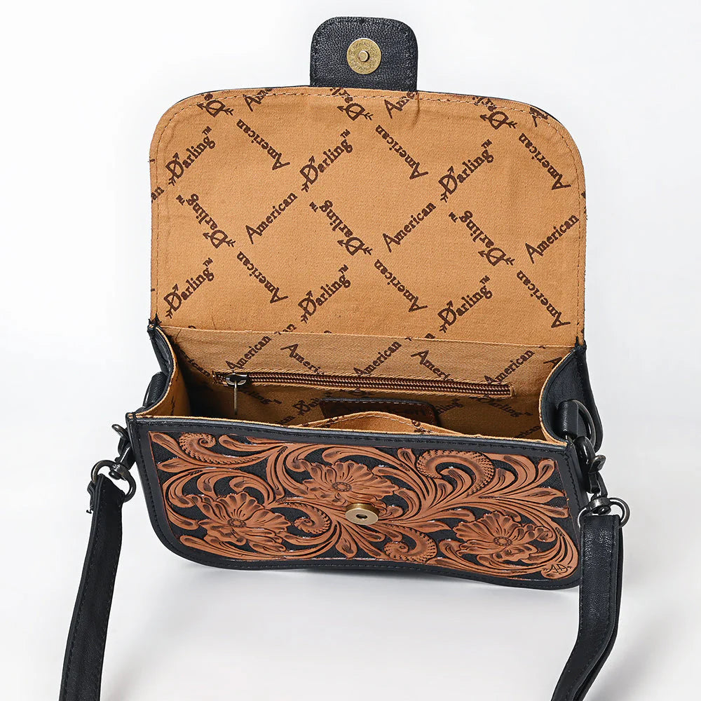 Tooled Leather Crossbody Bag in Black & Tan Western Floral Scroll Design