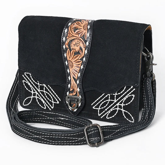 Black Suede Crossbody Bag with Tooled Sunflower Strap & White Embroidery