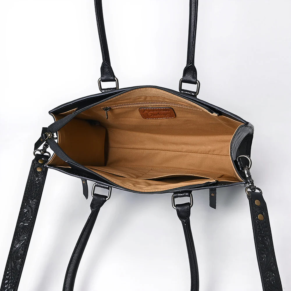 Black & Gold Hand-Tooled Leather Tote Bag - Western Floral Design