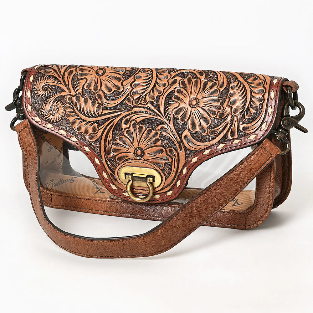 Hand-Tooled Leather Floral Crossbody Bag - Western Saddle Flap Design