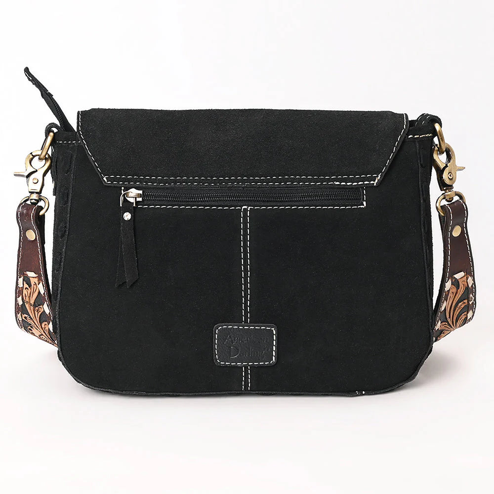 Western Crossbody Flap Bag with Tooled Leather Strap & Rope Stitch Embroidery