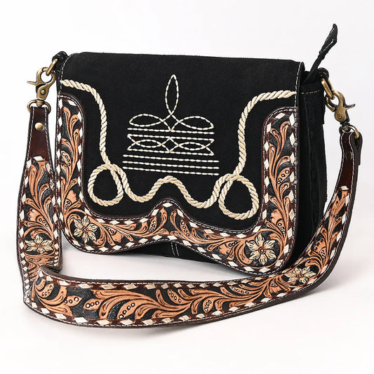 Western Crossbody Flap Bag with Tooled Leather Strap & Rope Stitch Embroidery
