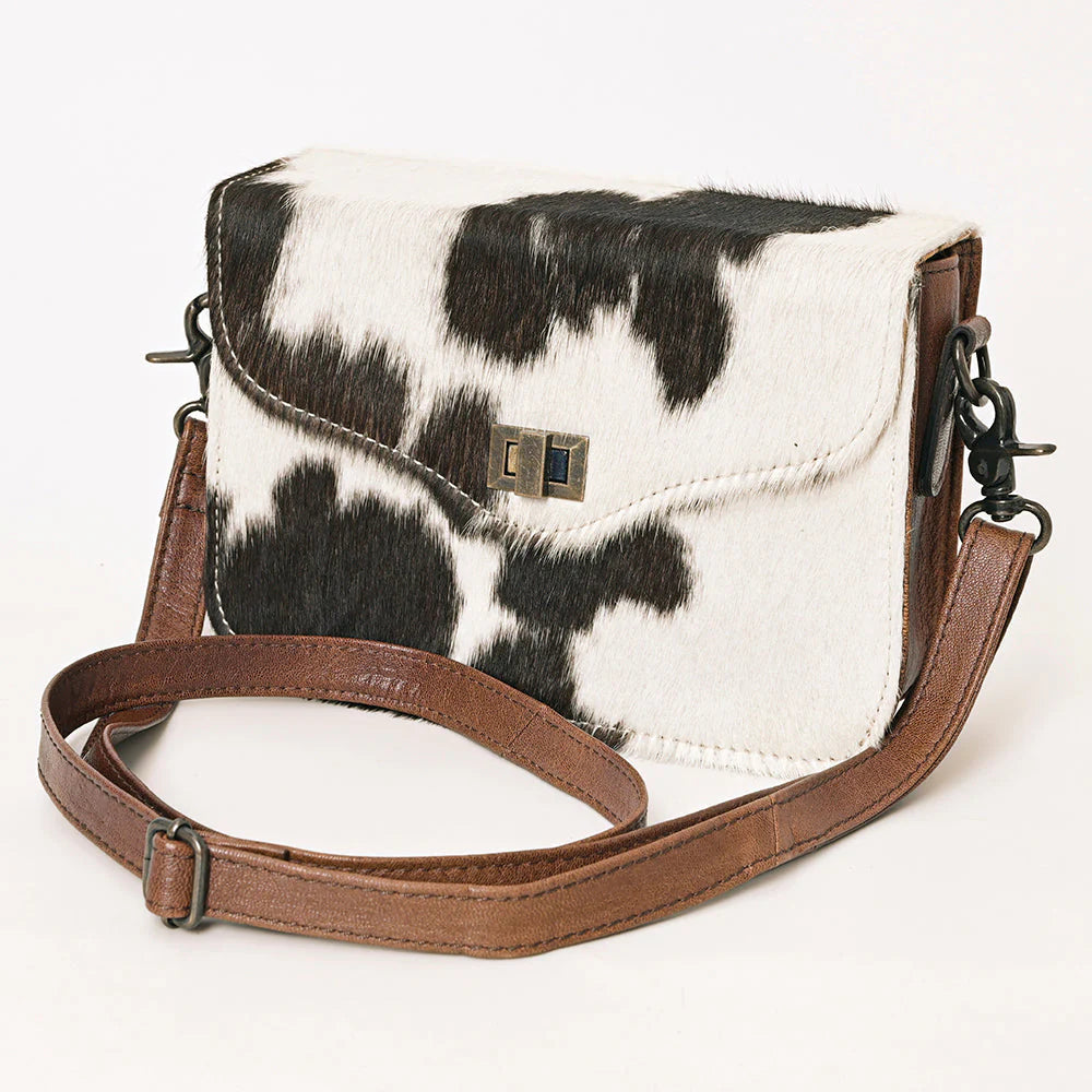 Black & White Hair-On Cowhide Leather Crossbody Bag with Metal Clasp