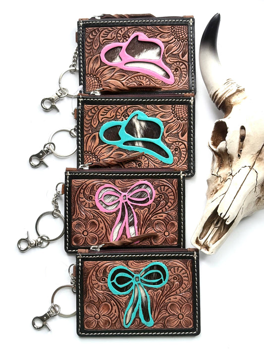 Tooled Leather Keychain Wallet  Bow and Hat