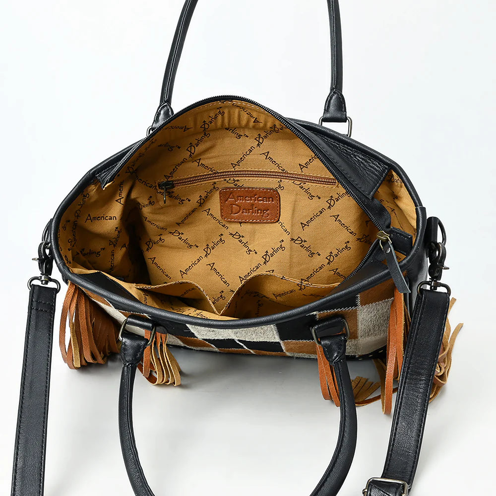 Fringe Cowhide & Leather Tote Bag with Chevron Pattern