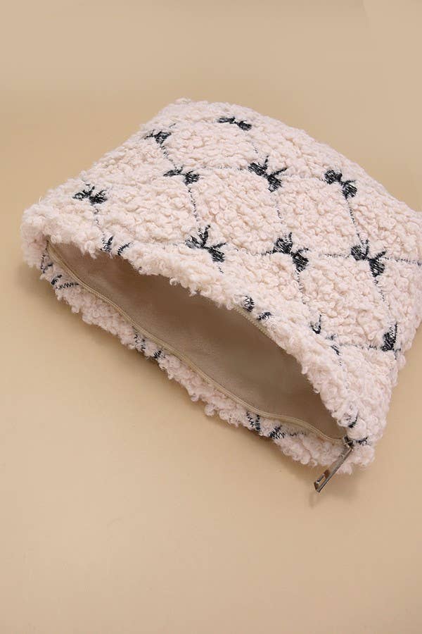 BOW SOFT LAMB WOOL COSMETIC POUCH BAG